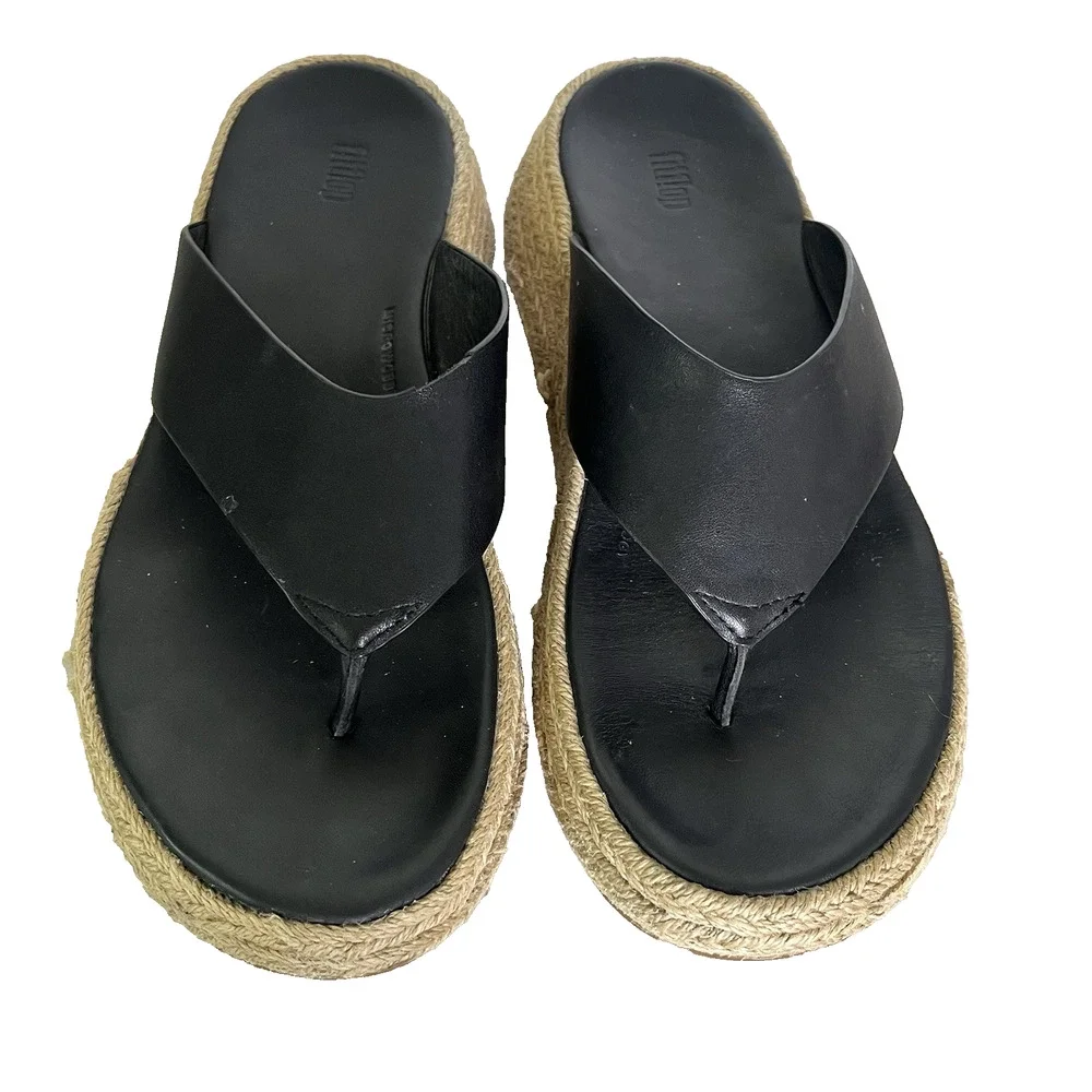 Fitflop F-Mode Espadrille Leather Sandal Size 7 Platform Toe Post Comfort Black